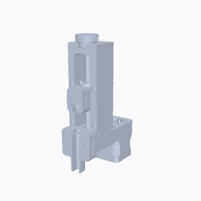 Rotating CAD turntable of the AllStruder syringe-pump extruder: a vertical lead screw and guided plunger carriage above a syringe mount, a knurled adjustment knob on top, and a printable structural body with a mounting base.