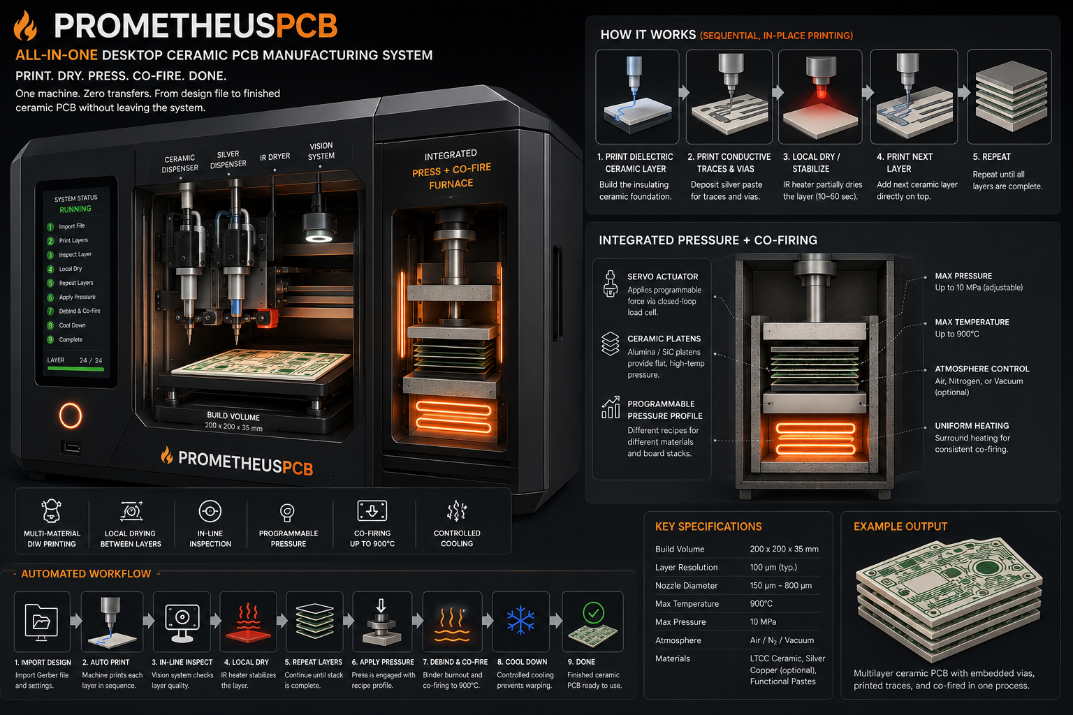 Concept poster for the PrometheusPCB all-in-one desktop ceramic PCB system, showing the machine, the print-dry-press-co-fire sequence, the integrated press and furnace, and key specifications.