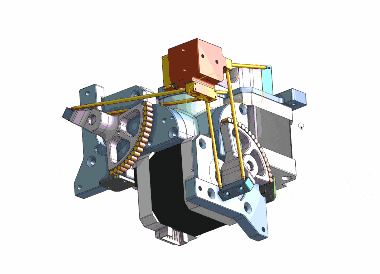 Animated CAD study of the micro-manipulator kinematics sweeping through its range of motion, showing the linkage rods, lever arms and ball-joint chains moving and where the mechanism runs into itself.