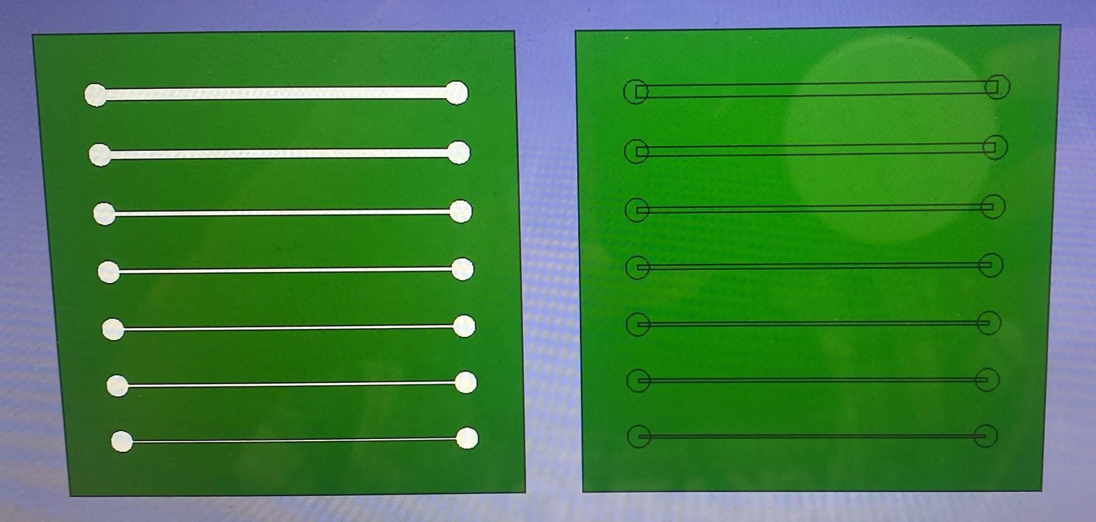 CAD view of the trace-thickness test coupon: two boards of straight traces stepped across a range of widths, each trace ending in circular probe pads.